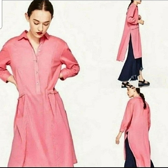 🛍🆕️Zara s XS Long Pink Sleeved Tunic Shirt Blouse - Picture 1 of 6